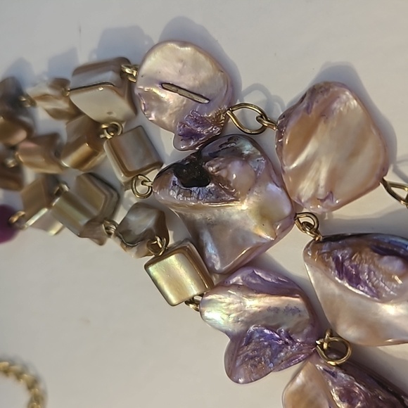 Baroque Pearl, Shell & Wooden Beads on a Goldtone 3 Strand 17" Necklace - Picture 2 of 8